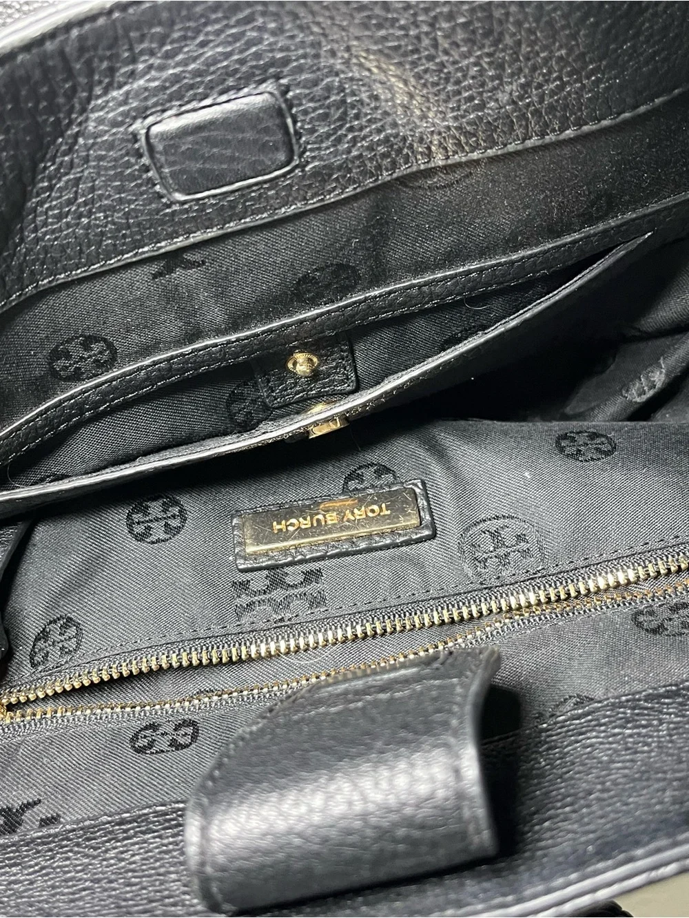 Tory Burch Black Pebbled Leather Braided-Handle Tote with Magnetic Closure